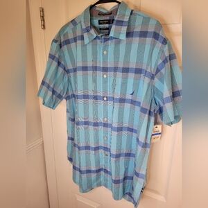 NWT Nautica Mens Blue Striped Classic Fit Cotton Short Sleeve Casual Shirt XL